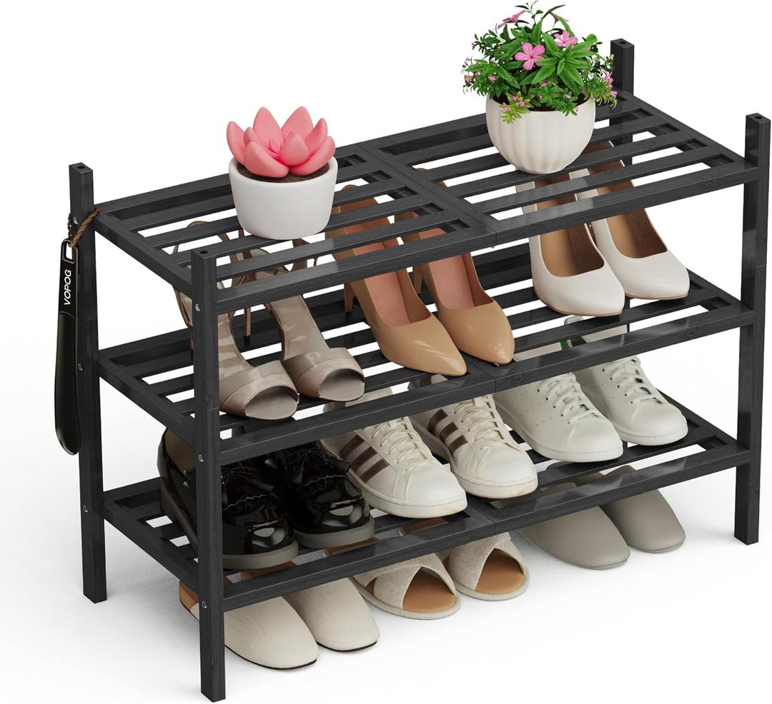 3 Tier Bamboo Shoe Rack Organizer with Free Shoe Horn - Stackable, Free Standing Shoe Shelf for Entryway and Closet, Small Spaces, Black (Upgraded Reinforced Frame) (27" x 11.1" x 19.5")