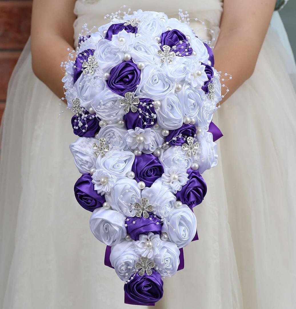 Luxury Cascade Bridal Wedding Bouquet Satin Rose Waterfall Holding Bouquet Artificial Flower Bunch for Bride Bridesmaid(White & Purple, 15" x 7.5")