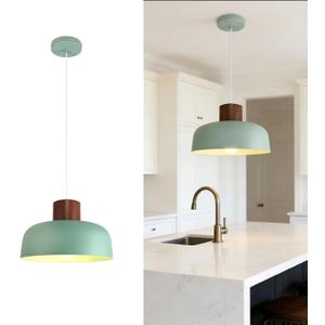 Modern Pendant Lights, 12.6inch Drum Pendant Lighting Adjustable Height Natural Wood Cap Hanging Light Fixture Green for Dining Room Kitchen,Living Room