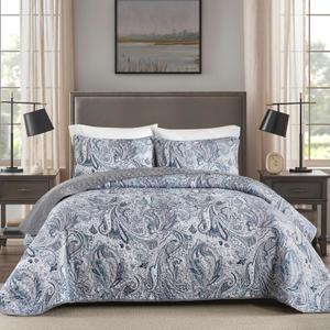 DJY Grey Paisley Quilt Set King Size Boho Paisley Bedspread Coverlet Set 3 Pieces, Soft Lightweight Microfiber Morandi Gray Paisley Floral Pattern Bedding Set for All Season, 104"x90"