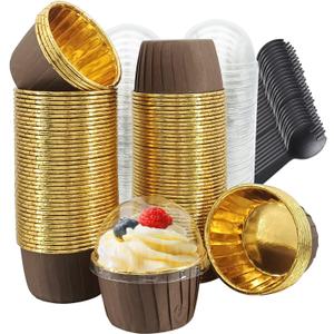 Muffin Cups with Lids 100Pack,Free-Air 3.5Oz Foil Cupcake Liners,Mini Muffin Liners Cupcake Baking Cups,Disposable Muffin Tins Cupcake Wrappers,with Spoons-Brown in gold