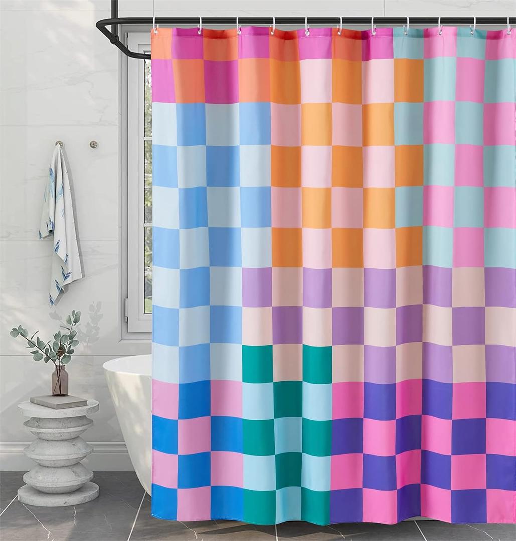 RoomTalks Multicolored Checkered Retro Fabric Shower Curtain for Bathroom Extra Long 72 Inches Length, Bright Rainbow Colorful Modern Simple Groovy Aesthetic Shower Curtain Set with Hooks