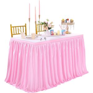 QueenDream 6ft Pink Table Skirt for Gender Reveal Fitted Polyester Table Cloths Cover for Baby Shower Girl Birthday Party Dessert Buffet Banquet Table Decorations (L6(ft)* H30in)