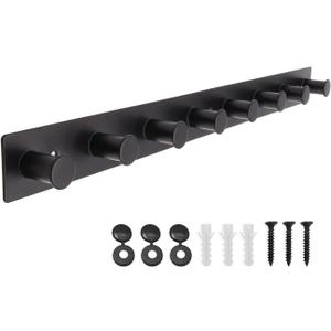 Coat Rack Wall Mounted, White Coat Hooks Screw in, Stainless Steel Door Hooks for Hanging Hat Towels Clothes, Hook Rail with 8 Round Hangers (Black, 8 Hooks)
