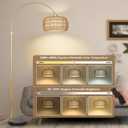 Gold Floor Lamps for Living Room, Arc Floor Lamp with Remote & Dimmable Bulb, Boho Rattan Standing lamp with 3 Color Temperatures, Height Adjustable Tall Lamp for Bedroom, Over Couch Reading Lamp