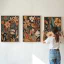 Tinonedraw Burnt Orange Floral Framed Canvas Wall Art Set of 3, Boho Chic Flower Artwork, Mid Century Modern Wall Decor, Colorful Neutral Botanical Art Prints for Bedroom Living Room Office 24"x36", 36L" x 24W"