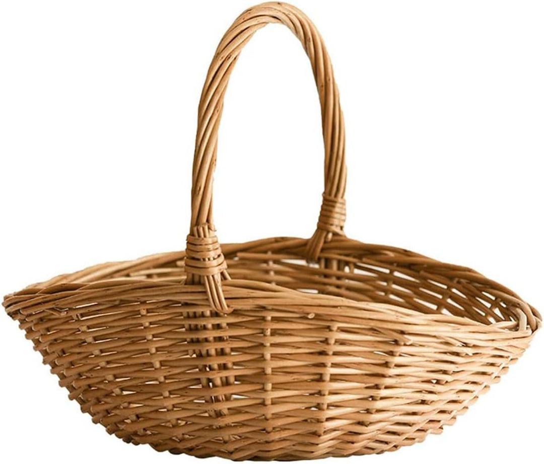 Handwoven Wicker Harvest Basket with Handle, Natural Storage and Picnic Basket, 15.7x13x15 Inches