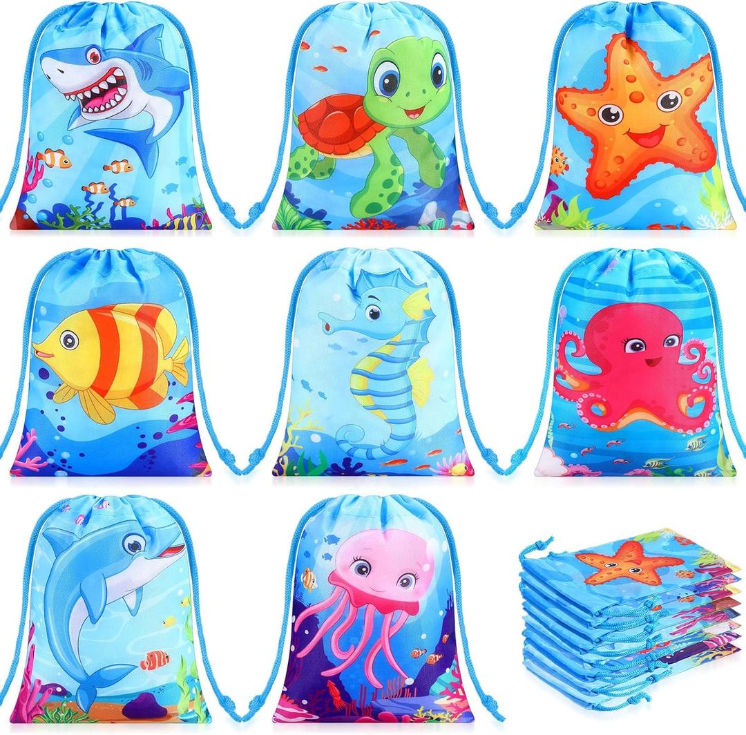 Cunno 24 Pcs Ocean Drawstring Treat Bags Reusable Sea Animal Birthday Goodie Candy Bag Under the Sea Underwater World Creature Drawstring Gift Package for Ocean Life Theme Party Favors Supplies
