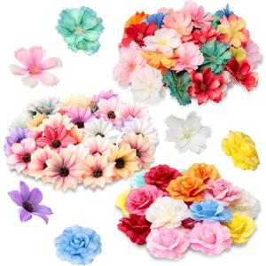 Hoteam 100 Pcs Spring Assorted Small Flower Decorative Fake Flower Heads Bulk Silk Artificial DIY Faux Mini Daisy Rose Plum Craft for Wedding Cake Mother's Day Party Wreath Home (Bright)