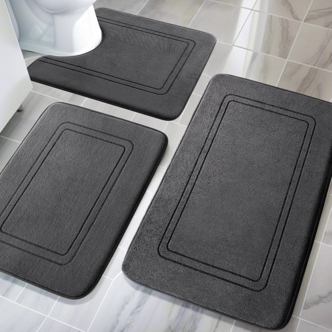 YIHOUSE Memory Foam Bath Mat Set, Non Slip Bath Mats for Bathroom, Super Soft and Water Absorbent Bath Rug Set, Machine Washable U Shape Toilet Mats, Dark Grey (3pieces)