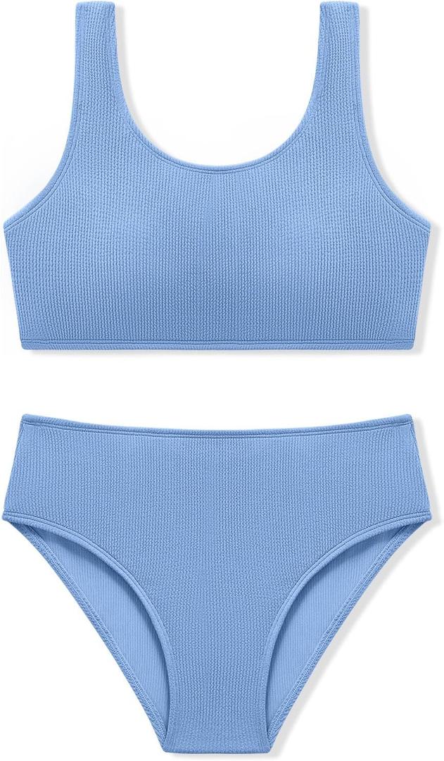 Girls Two Piece Swimsuits Ribbed Bikini Sets Swimming Bathing Suit Beach Sport Athletic Teen Girls Swimwear (15-16 Years, Gray Blue)