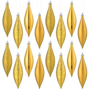 Soaoo 16 Pcs Plastic Finial Drop Christmas Ornaments Decorative Hanging Ornaments Shiny, Matte, Glitter and Sequin Finishes Shatterproof for Christmas Tree Decor Wedding Party Xmas Holiday(Gold)