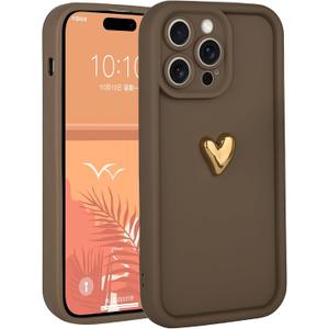 Cases for iPhone 15 Pro Max Cute 3D Golden Heart Design Soft Shockproof Slim Protective Silicone Phone Cover for Women Girls Brown