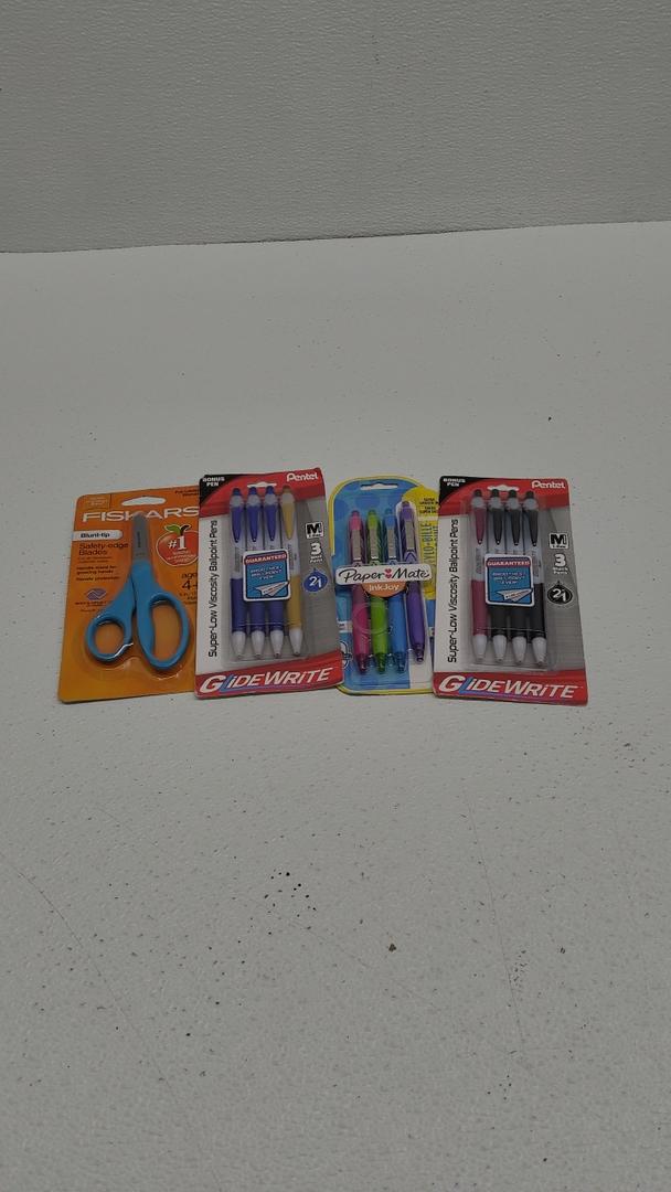 Fiskars Kids/Student Scissors, Rounded Tip, 5" Long, 1.75" Cut Length, Assorted Straight Handles, DI Pentel Glide Wrt Rt Ballpoint Pn Blue, DI Pentel Glide Wrt Rt BP Pen 3CT BLK, DI Pm Inkjoy 300Rt Fashion Wraps 1862402