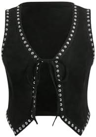 Verdusa Women's Western Cowgirl Vest Tie Front V Neck Grunge Asymmetrical Sleeveless Jacket Outerwear, Large