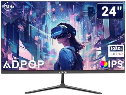ADPOP 24 Inch Monitor IPS Screen FHD 1080p Computer PC Monitor 75hz Flicker Free, 5ms Low Blue Light Anti-Glare LED 24" Desktop Display HDMI/VGA/Audio/Freesync, Tilt Adjustable
