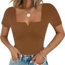 Chunpin Women's Short Sleeve Bodysuit Square Neck Notch V Neck Bodysuits Double Lined Tops Going Out Outfits Thong Bodysuits, L