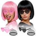 2 x MEEZY 2 Pcs Colorful Bob Wigs with Bangs Black Pink for Women, Neon Fun Wig Short Bob Hair with Heart Sunglasses Hair Cap for Halloween Costume Cosplay Photography Birthday Bachelorette Party Carnival