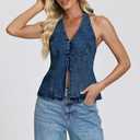 D-Sun Women Sleeveless Denim Vest Denim Halter Top Tie Backless Button Down Y2K Strapless Front Slit Sexy Jean Tank (Blue, XL)