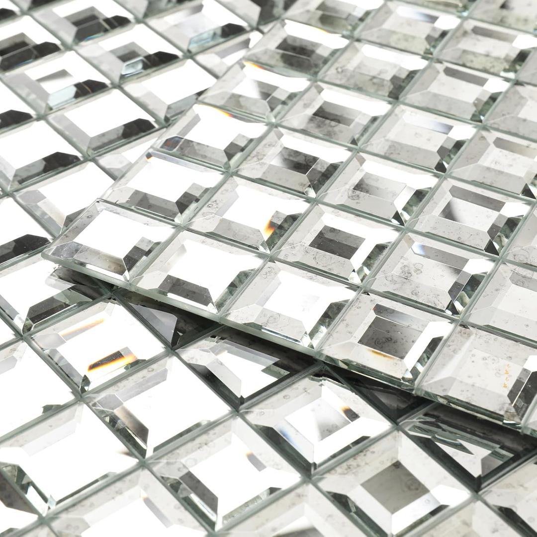 Diflart Peel and Stick Mirror Glass Mosaic Tile, 1-1/5 Inch Light Antique Square, Crystal Diamond Mirror Tile Backsplash for Kitchen Bathroom Wall, Pack of 5 Sheets