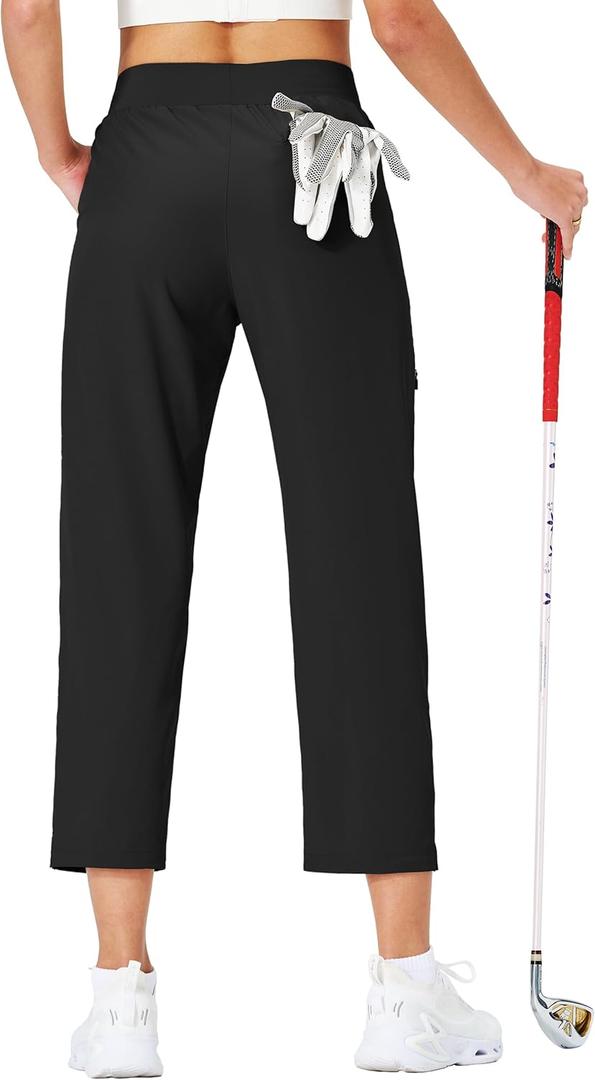 Ksmien Women's Golf Pants Lightweight High Waisted 7/ 8 Ankle Pant with 4 Pockets for Athletic Lounge Travel Work Black (XL)