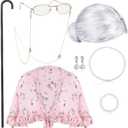 BBTO 100 Days of School Costume Old Lady Costume for Kids Granny Wig Shawl Grandma Outifits with Glasses and Accessories