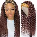 30 Inch #4 Chocolate Brown Headband Wig Human Hair Deep Wave Brown None Lace Front Wig 150% Density Grade 8A Unprocessed Brazilian Virgin Hair Machine Made Wig (#4 Deep Wave Headband Wig)