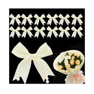 12 Pcs Pearl Bows for Bouquets White Pearl Bow Cake Toppers Decorations Satin Ribbon Bowknot for Flower Toppers DIY Craft Birthday Wedding Bridal Shower Engagement Bouquets Accessories