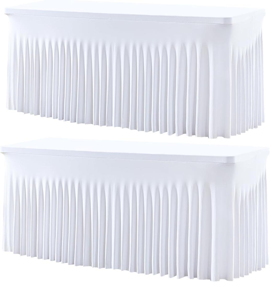 Besutolife 2 Pack White Spandex Tablecloth for 6ft Rectangle Tables Fitted Table Cloth Stretch Table Covers Skirt 6ft Rectangular Tablecloths for Banquet Parties Wedding Decorations