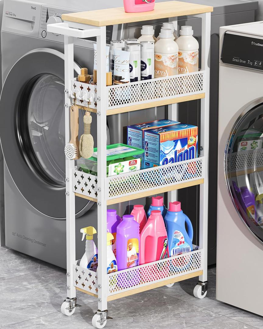 Giwil 4-Tier Slim Rolling Storage Cart for Kitchen Bathroom Organizer, Mobile Narrow Storage Cabinet Utility Cart with Wood Rack on Wheels for Pantry Laundry Small Space, White