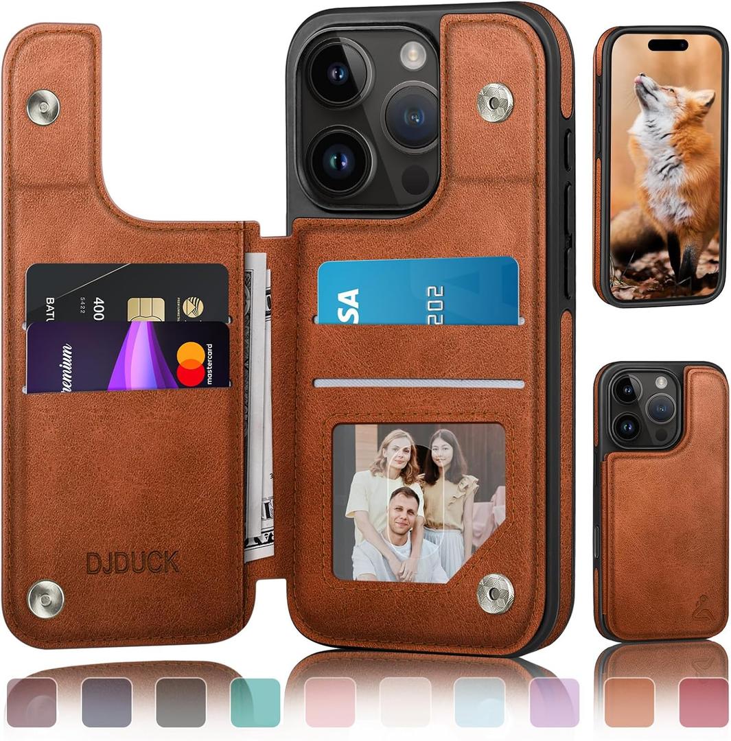 DJDUCK Designed for iPhone 16 Pro Case Wallet with Card Holder, [Magnetic Clasp Cover] [RFID Blocking Leather Protection] Shockproof Women Men Cases 6.3 Inch for Apple 16 Pro Light Brown