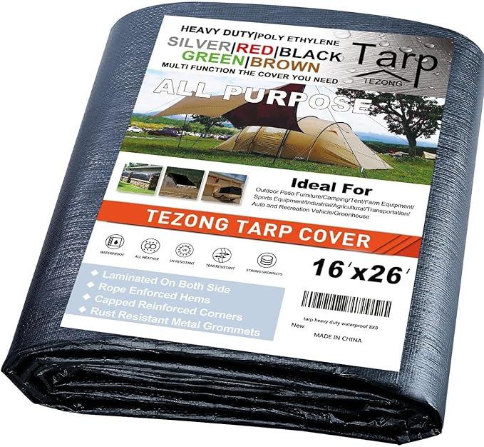 Tarps Heavy Duty Waterproof 16x26ft,TEZONG Silver Tarp 12Mil Plastic Tarpaulin Outdoor Tarp Cover for Emergency Rain,Patio Furniture,Wood,Roof,Camping,Car,Pool