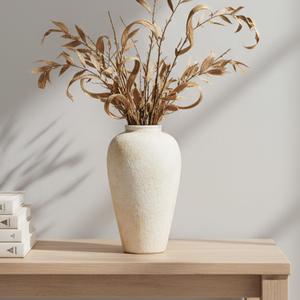 Ceramic Flower Vase Home Decor - 9.2 inch Large Farmhouse Table Vases, Rustic Decorative Vases for Kitchen Living Room Coffee Dining ShelfMantel Decoration (Beige)