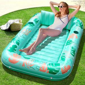 SLOOSH Inflatable Tanning Pool Lounger Float, 70" x 46" Pool Floats Adult with Pillow, 4 in 1 Suntan Tub Raft Floatie, Sunbathing Bed Lounge for Water Blow Up Kids Ball Pit Party Gifts, L-Aqua Blue