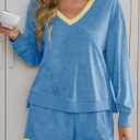 Tankaneo Womens V Neck 2 Piece Pajama Short Sets Color Block Loose Fit Long Sleeve Shirt and High Waisted Shorts Lounge Sets (Small, Blue)