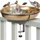Metal Deck Mounted Bird Bath - 12 Inch Bronze Color Bird Bath for Outdoor with Small Bird Feeder and Decor Branch - Attracts Hummingbirds, Cardinals, Finches