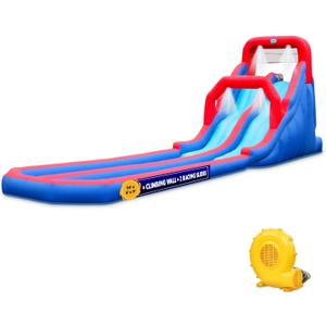 Sunny & Fun Dual Splash Inflatable Water Racing Slide Park  Heavy-Duty for Outdoor Fun - Climbing Wall, Two Slides & Splash Pool  Easy to Set Up & Inflate with Included Air Pump & Carrying Case