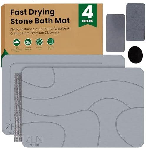ZEN-ECO 4Pcs Stone Bath Mat - No Smell Quick Dry Diatomaceous Earth Bath Mat - Super Absorbent Diatomite Stone BathMat Non-Slip, Easy to Clean 1xStone &1xFoldable Mat, 2xStone Dishes 23.5×15.5"