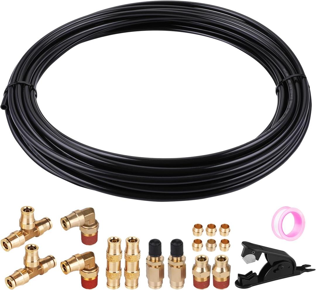 60 FT 1/4" DOT Air Line Kit with 18 Brass Fittings, Nylon Air Hose, Black, 60 Feet, 1/4" NPT Push To Connect Fittings, Suspension Kit, Schrader Valves