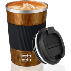 WETOWETO 12 oz Stainless Steel Insulated Tumbler, Travel Coffee Mug, Insulated Coffee Mug with Lid, Spill Proof Coffee Cup, Portable Thermal Mug, Reusable Cup for Hot and Cold (Woodgrain)