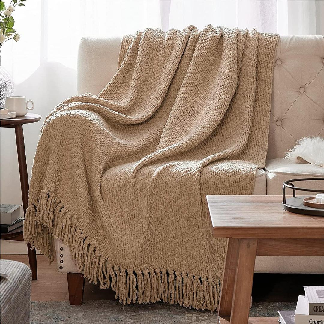Bedsure Throw Blankets for Couch - Textured Chunky Knit Woven Chenille Blanket - Super Soft, Warm Decorative Boho Throw with Tassels for Bed, Sofa and Living Room Decor, Khaki, 50x60 Inches