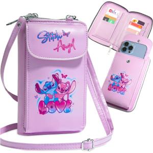 Disney Stitch Crossbody Bag for Girls, Phone Bag with Card Slots Adjustable Strap Stitch Gifts (Pink)