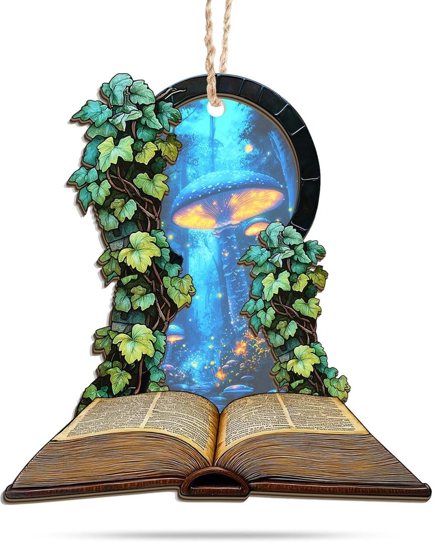 3 x GEEMBI Book Lovers Gifts for Women - 2D Flat (Not 3D) Suncatcher Mushroom Christmas Ornaments 2025 - Bookish Gift for Readers Librarian, Christmas Ornament Gifts for Teacher, Fantasy Xmas Decorations (Emerald - Enchanted Tales)
