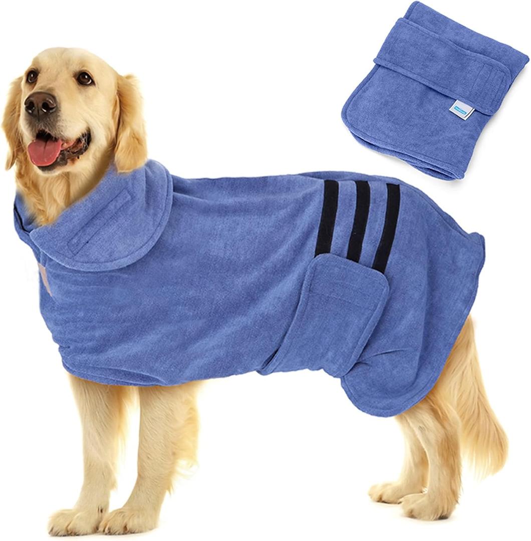 Nobleza Dog Bathrobe  Dog Drying Coat Dogs Towel Robe Pet Dressing Gown Super Absorbent Pet Bathrobe Puppy Towelling Robe Fast Drying Adjustable Pets Towel for Dogs Cat Blue Medium