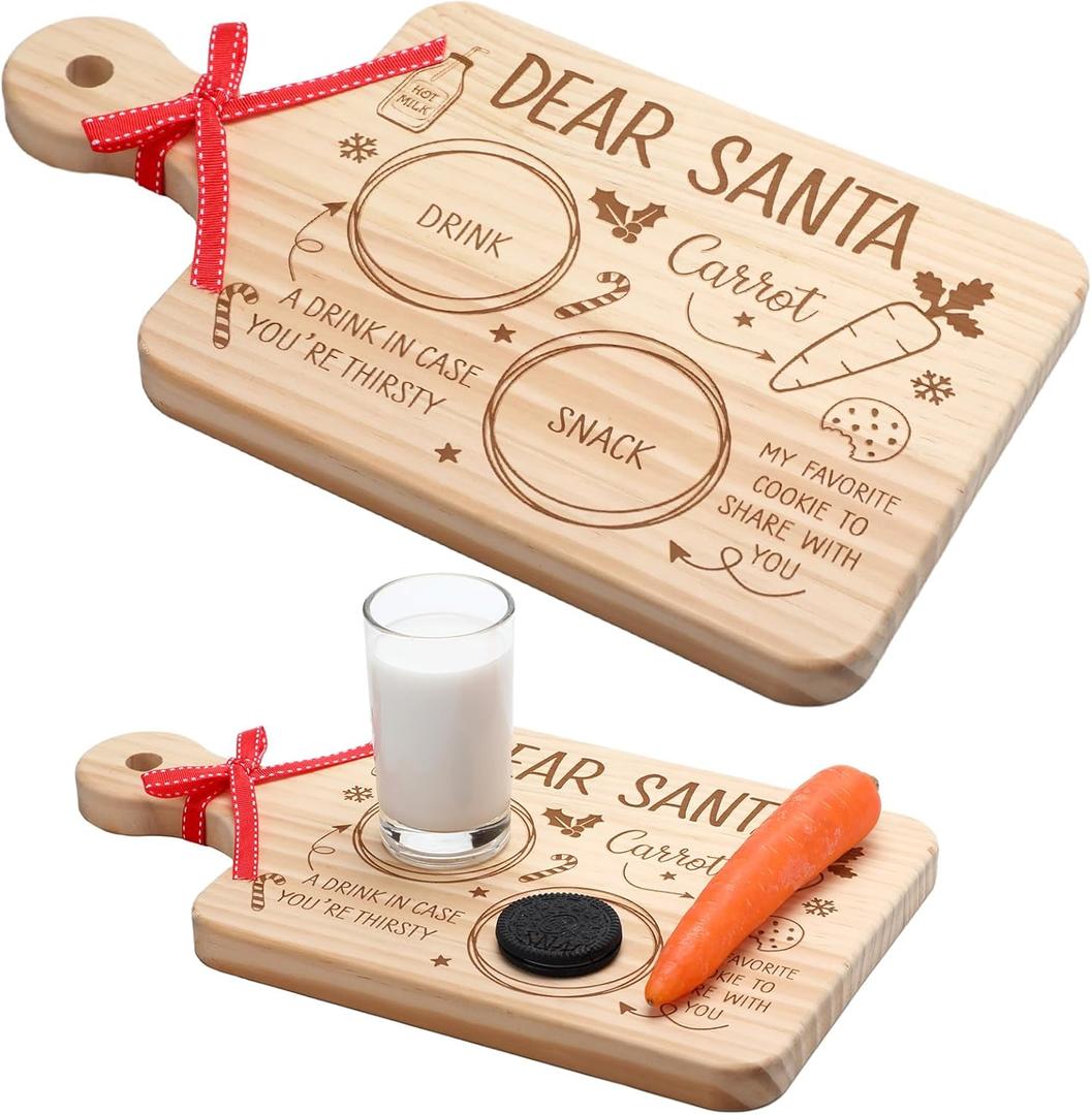 Sliner Santa Cookie Plate Wooden Christmas Cookie Plate Dear Santa Platter Treat Tray Mat Board Xmas Eve Christmas Child Gift for Milk and Snack Kids Xmas Decorations Supplies