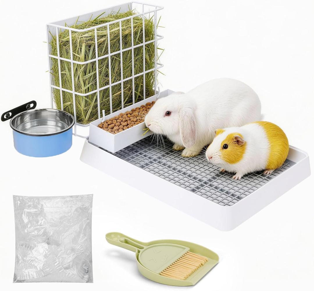 3 in 1 Rabbit Litter Box with Hay Feeder, Bunny Litter Box with Metal Hay Feeder and Hanging Water Bowl for Bunny, Guinea Pigs, Chinchillas and Other Small Animals