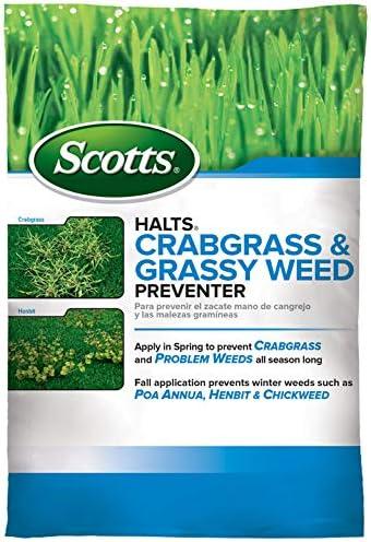 Scotts Halts Crabgrass & Grassy Weed Preventer - Crabgrass Preventer, Pre Emergent Weed Control for Lawns, Prevents Chickweed & More, Treats up to 5,000 sq. ft., 10.06 lb.