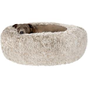 Furhaven 36" Round Calming Donut Dog Bed for Large/Medium Dogs, Refillable w/Removable Washable Cover, for Dogs Up to 75 lbs - Shaggy Plush Long Faux Fur Donut Bed - Driftwood Brown, Large