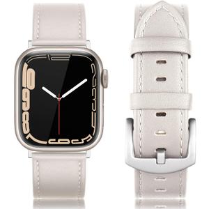 Leather Bands Compatible with Apple Watch 46mm 45mm 44mm 42mm(Series 1 2 3) Band Men Women, Vintage Genuine Leather Wristband Replacement Band Compatible for Apple Watch iwatch Series 10 9 8 7 6 5 4 SE2 SE (Ivory White/Silver)