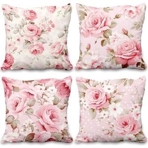 Floral Throw Pillow Covers Pink Flower Blooming Romantic Rose Vintage Sweet 18x18 Set of 4 Retro Country Square Pillowcases for Outdoor Home Couch Sofa Bed Room Patio Farmhouse Garden